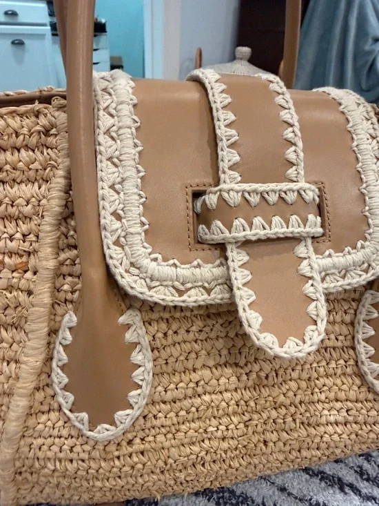 Pamela Munson “Teddy Bag” Neutral Woven Straw Tote Bag with Camel Leather Trim - Picture 6 of 8